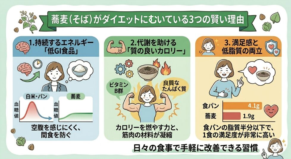 蕎麦がダイエットにむいている3つの理由を表した図解
