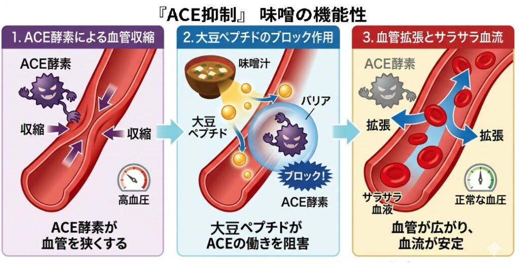 味噌の大豆ペプチドがACE酵素を抑制する仕組みの図解