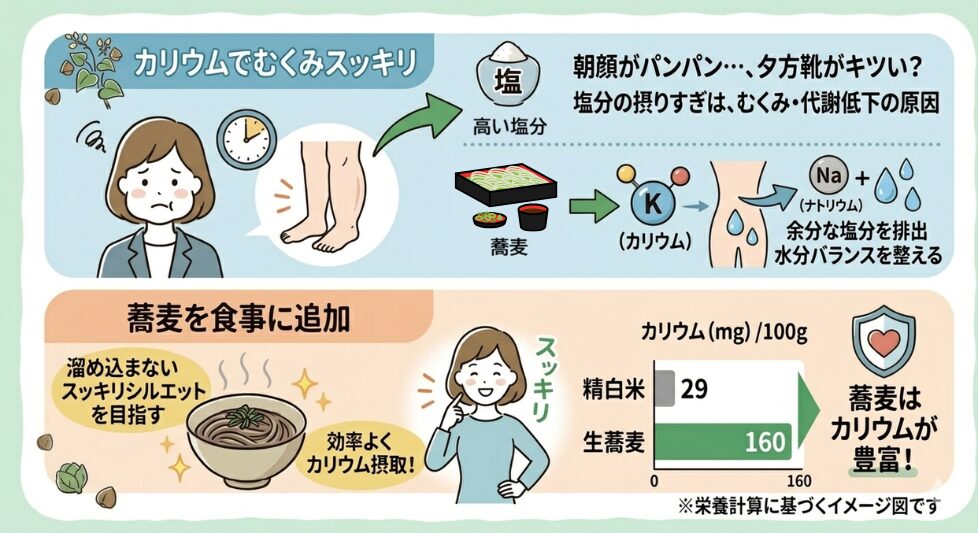 蕎麦のカリウムがむくみをスッキリさせてくれる図解