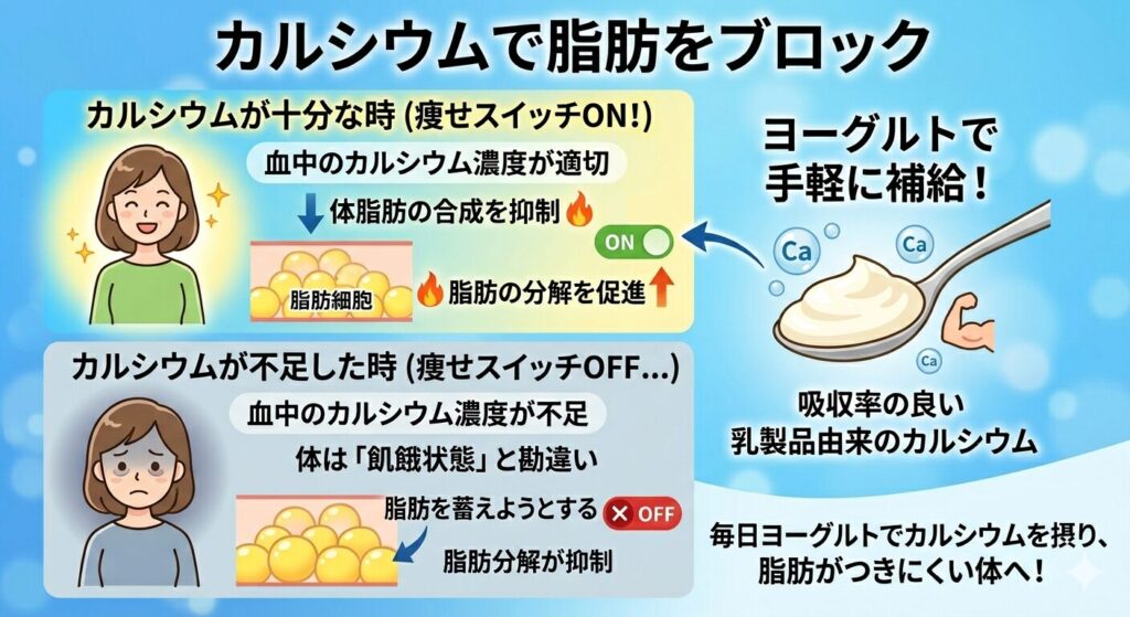 カルシウムで脂肪をブロックする仕組みの図解