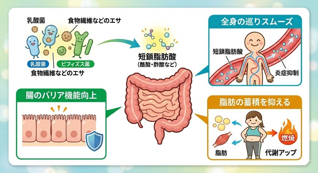 善玉菌が作る短鎖脂肪酸の効果を表した図解