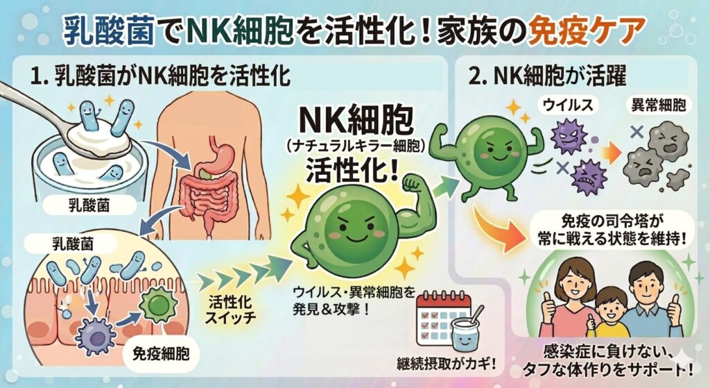 乳酸菌でNK細胞を活性化させる仕組みの図解