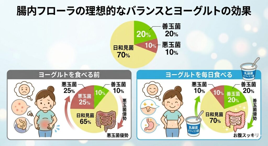 腸内フローラの理想的なバランスとヨーグルトの効果を表した図解