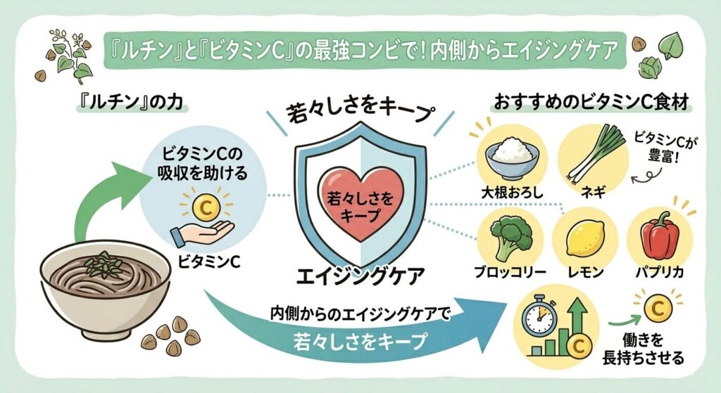 蕎麦のルチンとビタミンCを一緒に摂取することで相乗効果が狙える図解
