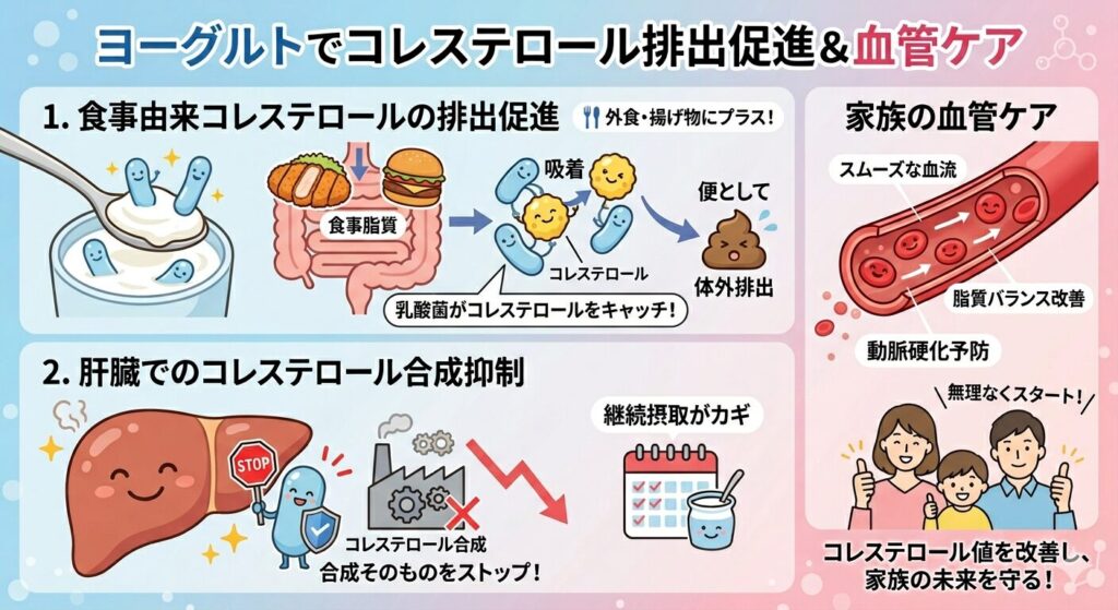 ヨーグルトでコレステロールを排出促進して血管もケアできることを表した図解