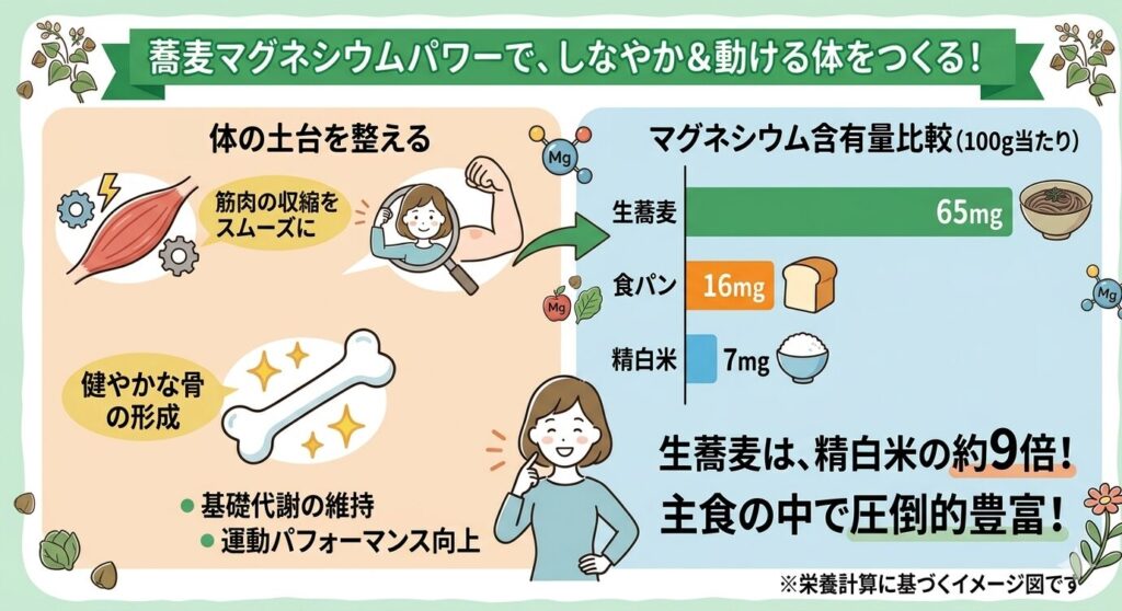 蕎麦のマグネシウムが筋肉の動きや骨の形成を助ける図解