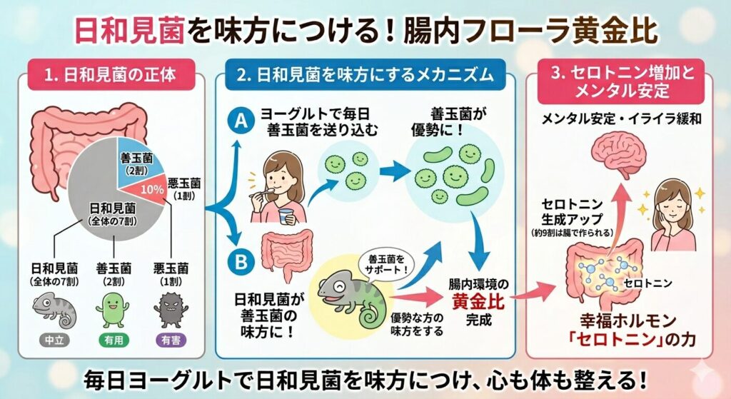 日和見菌を味方につけることで腸内環境が整うことを表した図解