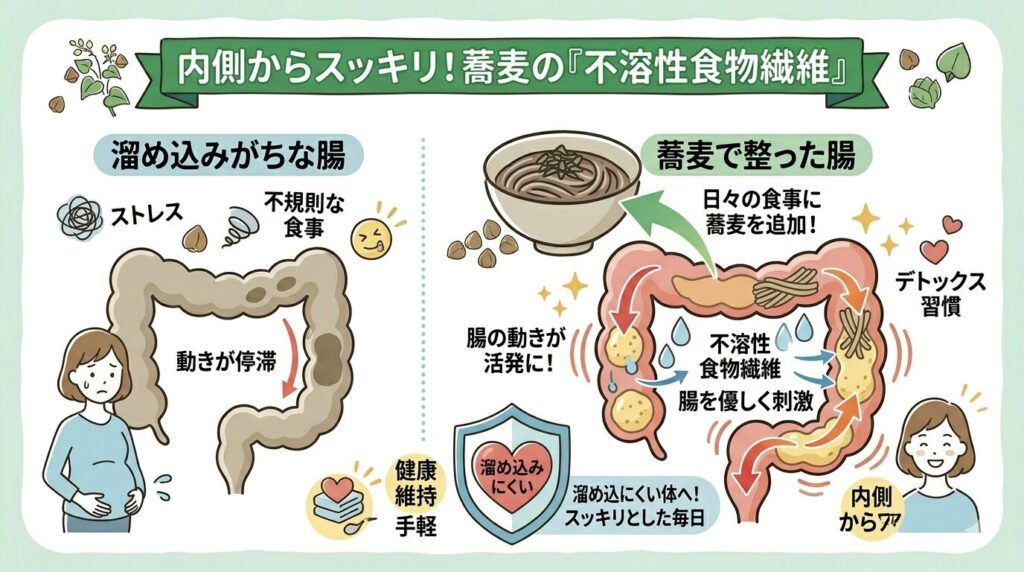 蕎麦の不溶性食物繊維が腸を刺激してスッキリする図解