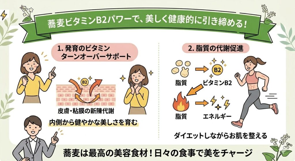 ビタミンB2が皮膚や粘膜の新陳代謝を促進し、脂質の代謝を促進する図解