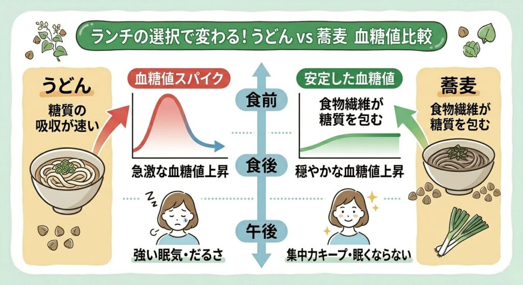 うどんと蕎麦の血糖値の上がり方比較図表