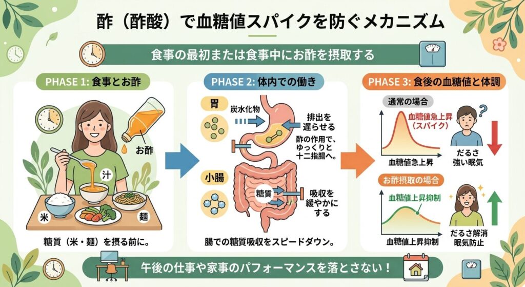 酢（酢酸）が血糖値スパイクを防ぐメカニズム。食事中にお酢を摂ることで、胃からの排出を遅らせ、小腸での糖質吸収を緩やかにして食後の血糖値上昇を抑える仕組みの解説図。
