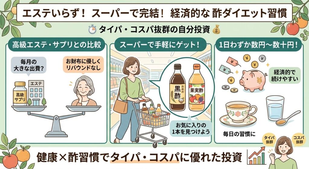 高級エステやサプリと比べ、スーパーの酢が低価格で手軽にダイエットを続けられるメリットを解説した図