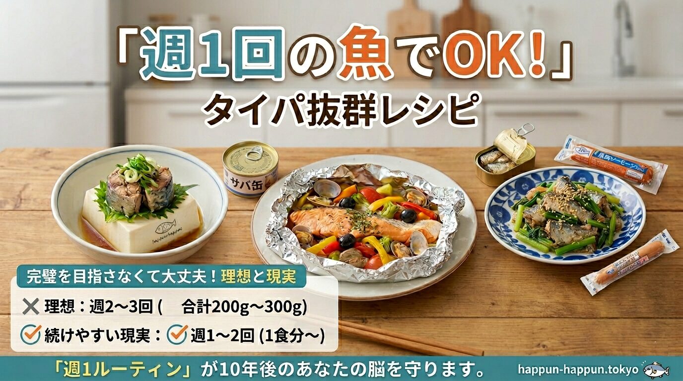 週1回の魚ルーティンを提案するアイキャッチ画像。焼き魚や煮魚の写真とともに「週1回の魚でOK！タイパ抜群レシピ」というタイトル文字が記載されている。