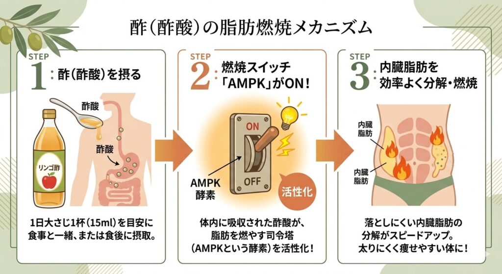 酢（酢酸）が体内に吸収され、脂肪燃焼スイッチ（AMPK）をONにして内臓脂肪を分解・燃焼するまでの3ステップのメカニズム図