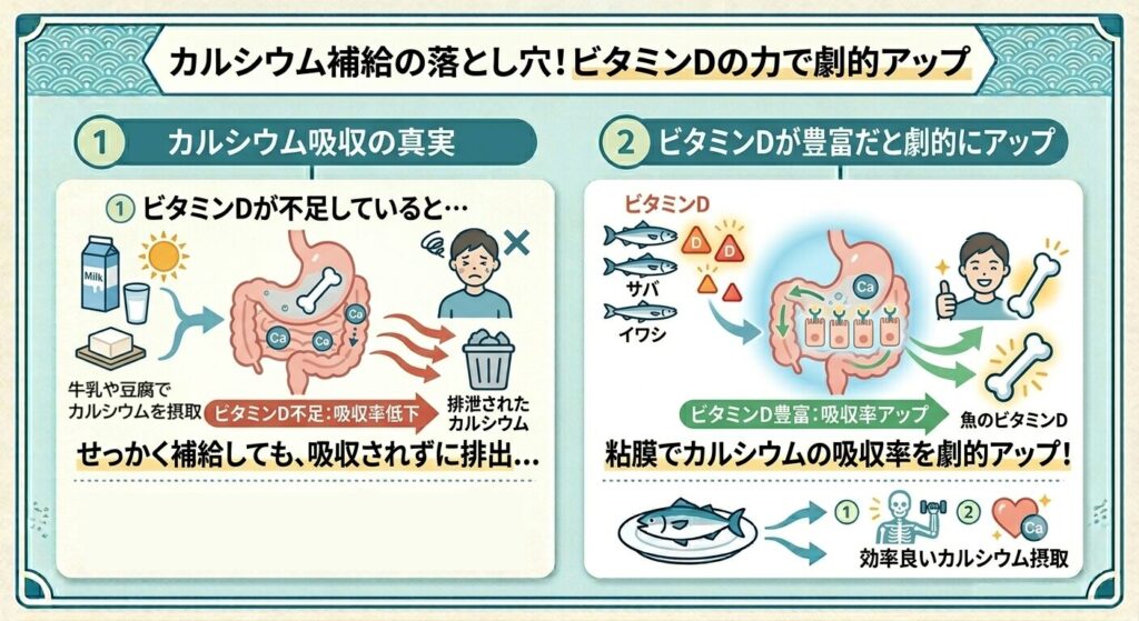 魚と食べることでカルシウムとビタミンDを一緒に摂取すれば、カルシウムの吸収率が高くなるという図解