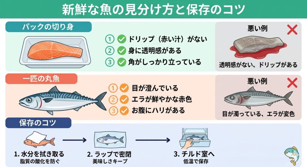 新鮮な魚の見分け方と保存のコツ。切り身はドリップがなく角が立っているもの、丸魚は目が澄みエラが鮮やかな赤色のものを選ぶ。保存は水分を拭き取りラップで密閉してチルド室へ。