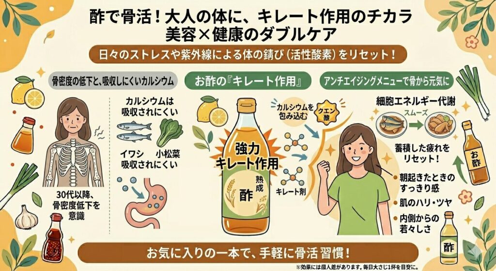 黒酢に含まれるアミノ酸とクエン酸が、紫外線やストレスによる活性酸素（体の錆び）を除去する「強力抗酸化作用」のメカニズムを解説した図。細胞エネルギー代謝をスムーズにすることで、蓄積した疲れをリセットし、肌のハリ・ツヤや内側からの若々しさを保つ効果を説明している。